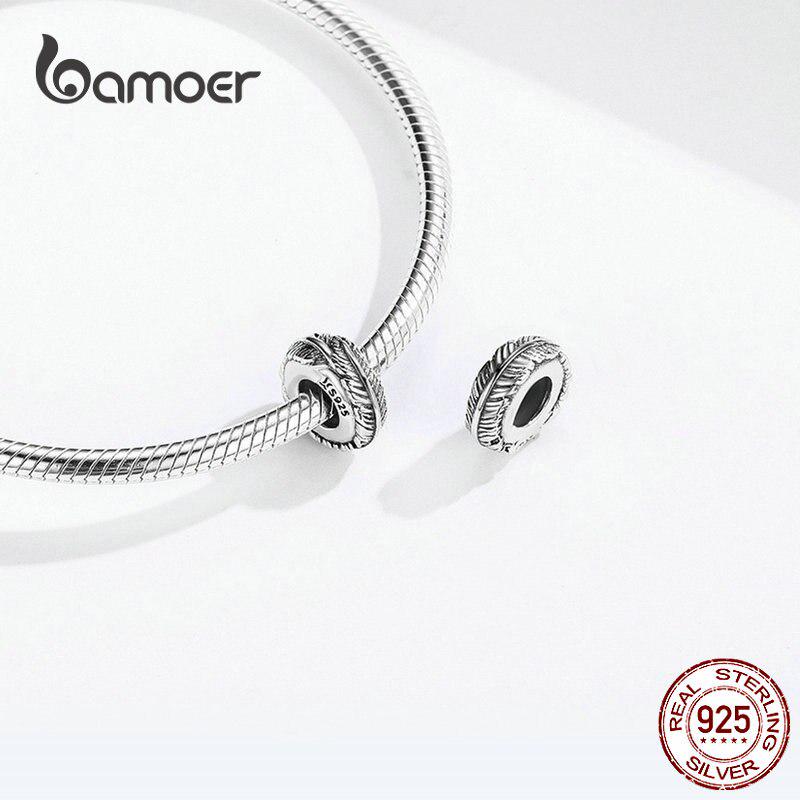 BAMOER Bohemia Feather Spacer Stopper с силиконовыми винтажными бусинами из стерлингового серебра 925 пробы