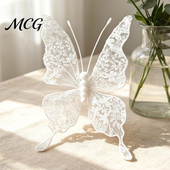 3D Butterfly Wall Art Lace Flower, Large Artificial with Embroidered Mesh Wings & Foam Bead Transparent Decoration Body, Lightweight White Wedding