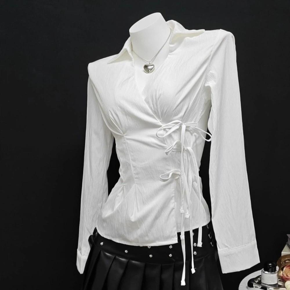 V-neck Slim Fit Shirt Long-sleeved Office Aesthetic Blouse Fashion Women Tie-Waist Shirt Lady