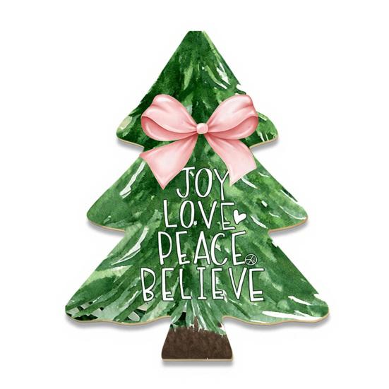 Grid Pattern Tree Decor Christmas Wooden Tabletop Decor, Plaid Polka Dots Xmas Wood Signs, Red Traditional Festive Ornaments Black Green Desktop