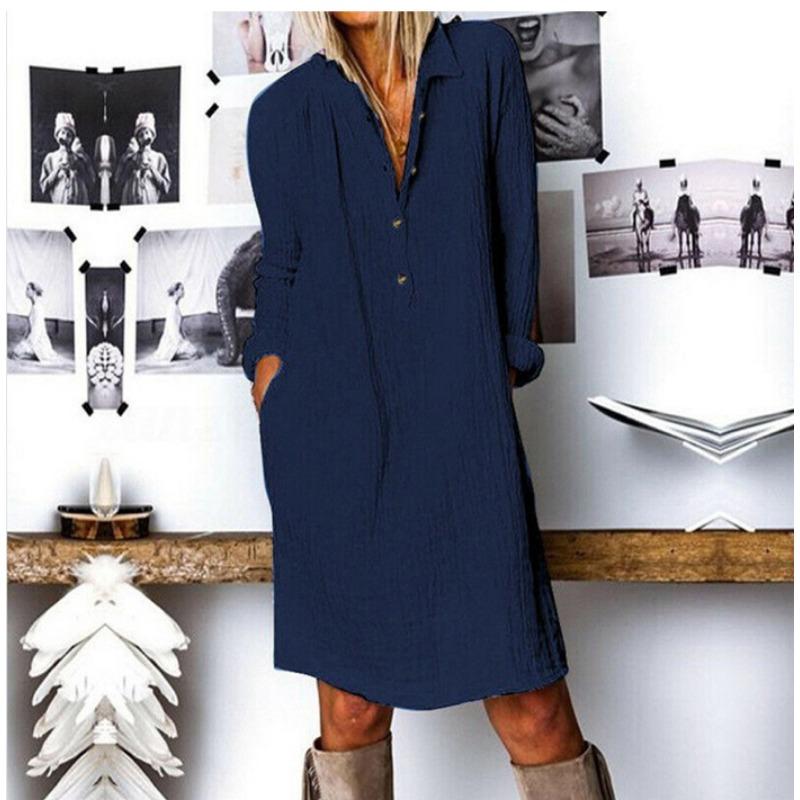 Модное Повседневное Простое Платье с Длинным Рукавом для Женщин Весна Лето Большого Размера Офисная Вечеринка Элегантные Свободные Однотонные Платья Женская Одежда на Пуговицах
