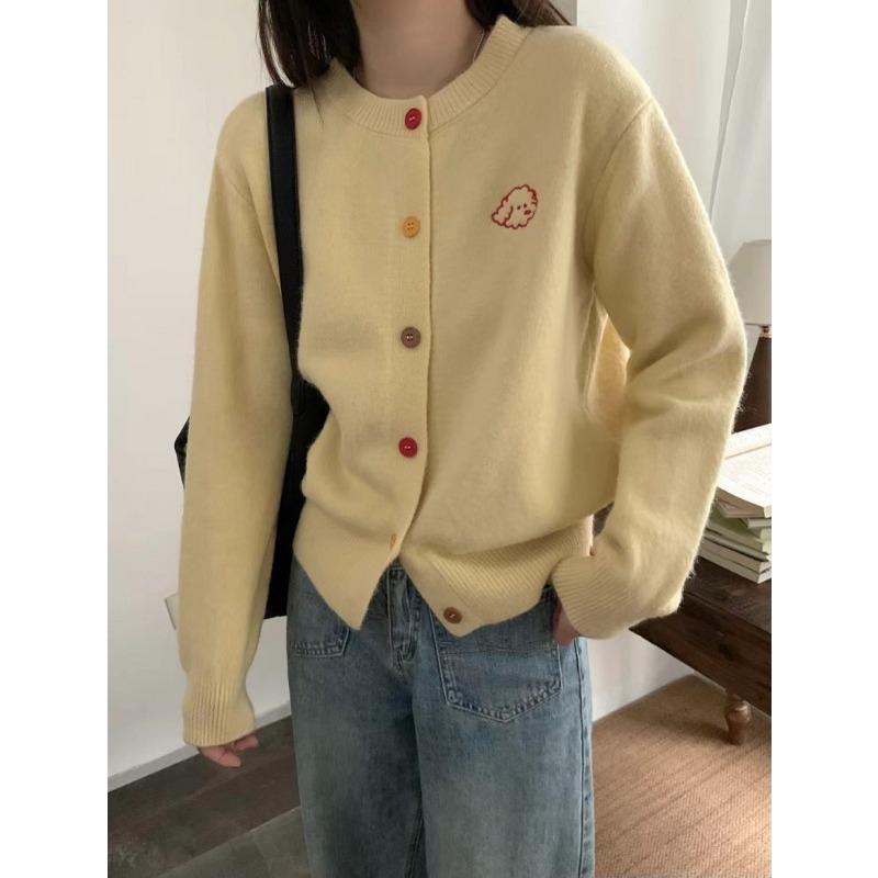 Нежный ретро кардиган с вышивкой щенка, красочной пряжкой, круглым вырезом, вязаный, женский, весенне-осенний, маленькая куртка-свитер