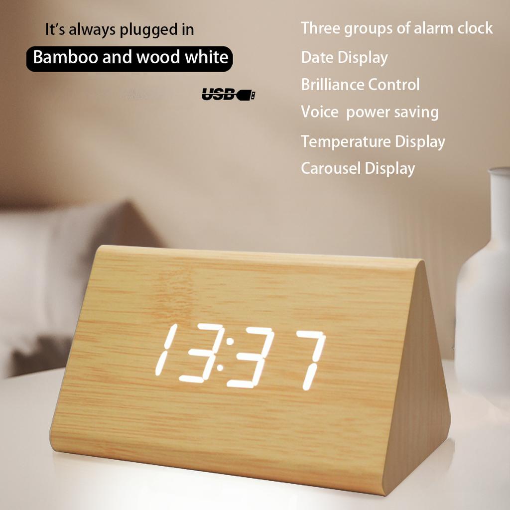 Multi-function LED Alarm Clock Digital Plug-in Clock, Bamboo Voice Control Clock, Adjustable Brightness, Alarm Time, Display Time Date Temperature