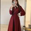 Women French Vintage Sweet Long Sleeve Collect Waist Big Swing Dress