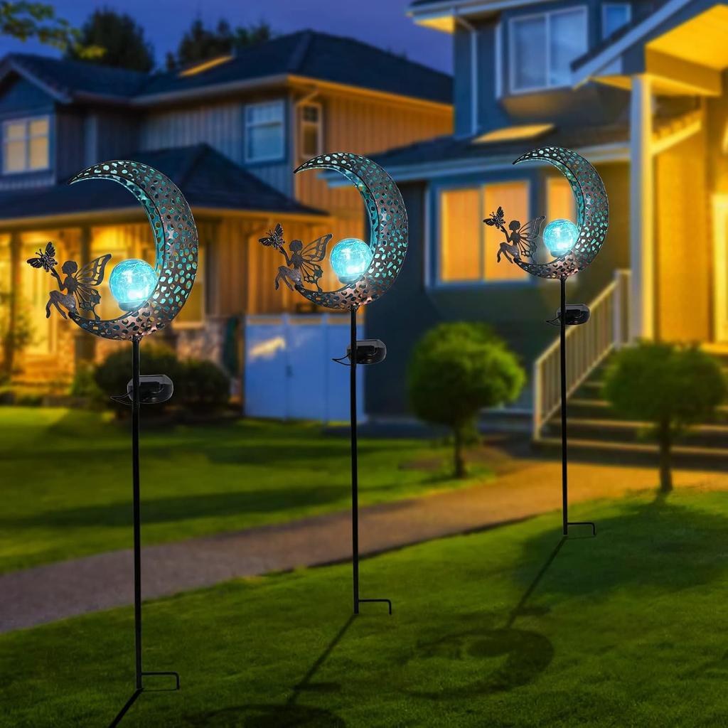 Solar Lights Outdoor - Garden Decorative Moon Solar Lights with Fairy Outdoor Metal Crackle Glass Globe Stake Garden Decor for Pathway, Lawn,Yard