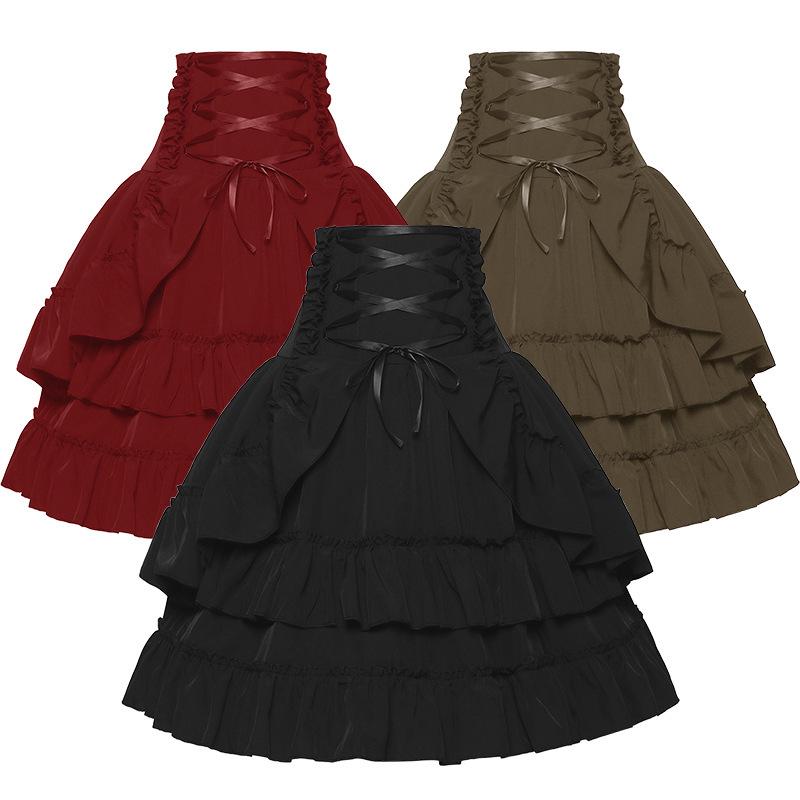 Victorian Style Women's Dress – Solid Color, Double Layer, High Waist, Renaissance Retro Skirt.