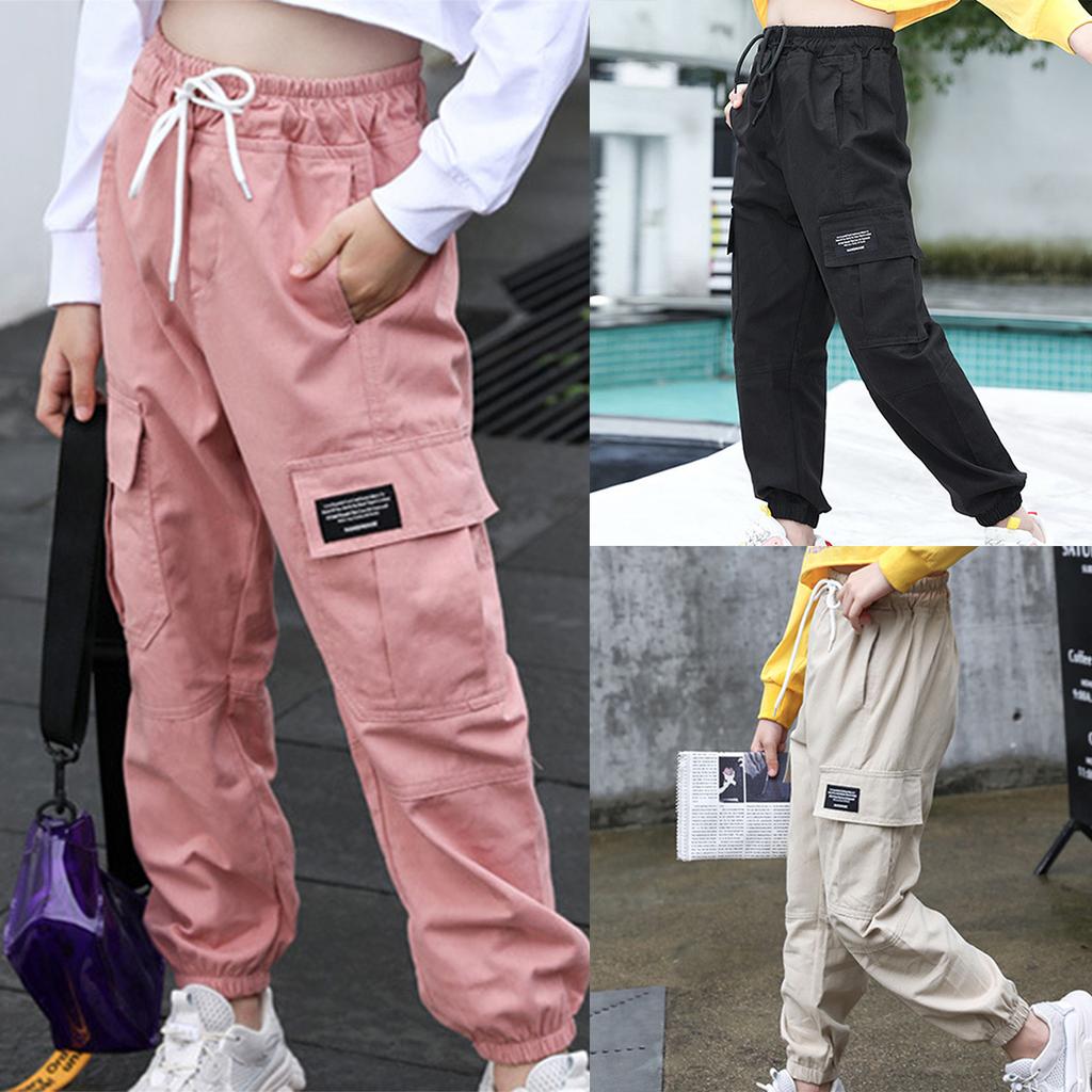 Повседневные длинные брюки для девочек, детские брюки-карго с эластичным поясом и завязками, с несколькими карманами