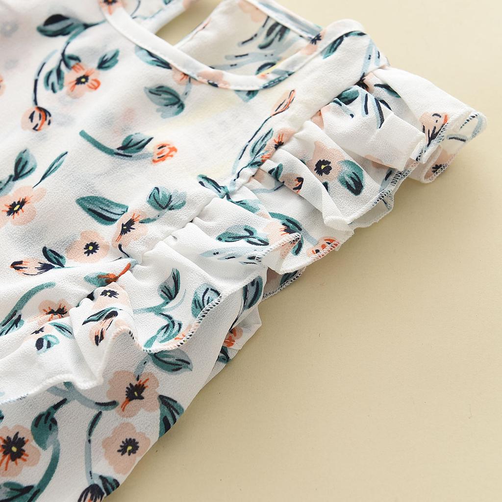 Летний комплект из двух предметов: топ с цветочным принтом и рукавами-крылышками + свободные однотонные шорты для девочек