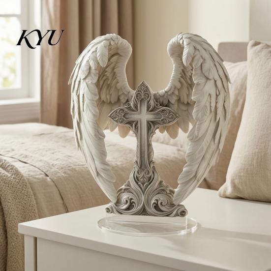 Decorative Cross for Desk Angel Wings Table Sign, Acrylic Religious Wing Statue, Large Elegant Desktop Ornament Tabletop Ornaments Home Living