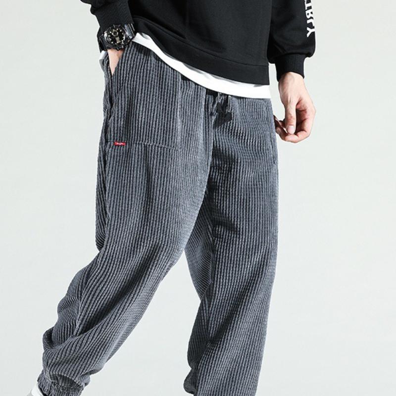 Мужские темно-синие вельветовые повседневные брюки с боковым карманом и кулиской на талии