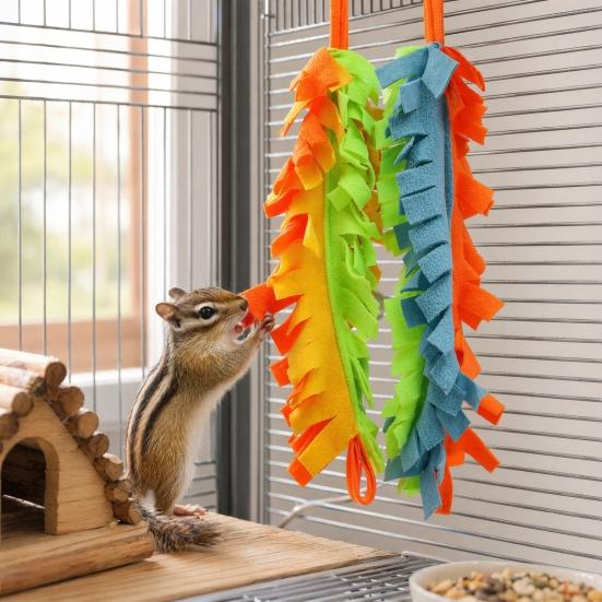 2 Pcs Parrot Chewing Toy with Metal Hanging Ring Colorful Felt Strips Small Animal