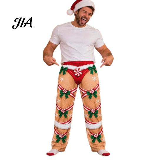 Cheeky Festive Printed Lounge Pants Men Christmas Pajama Pants, Funny Illusion Print Holiday Loungewear Bottoms, Elastic Gift for Boyfriend Waistband