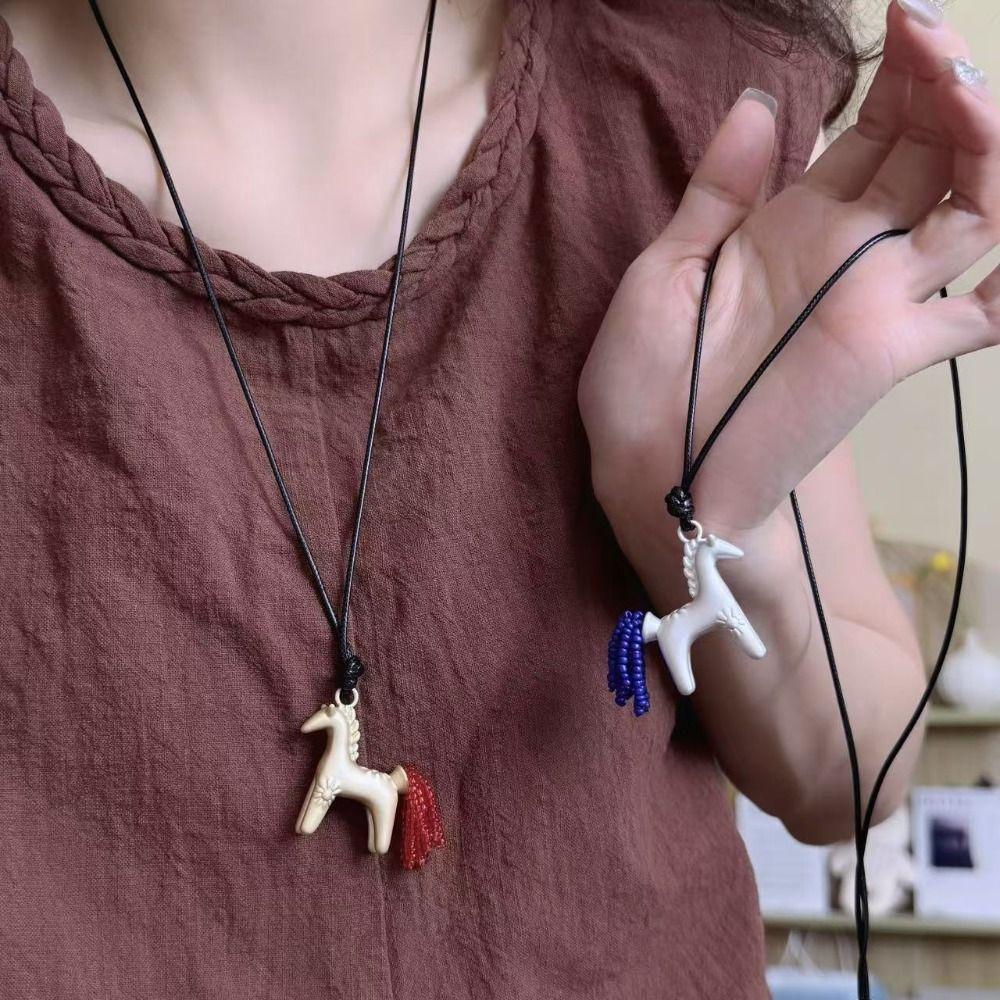 Sweater Chain Wax Rope Necklace Long PU Leather Necklace Pony Pendant Necklace  Horse Year Gift