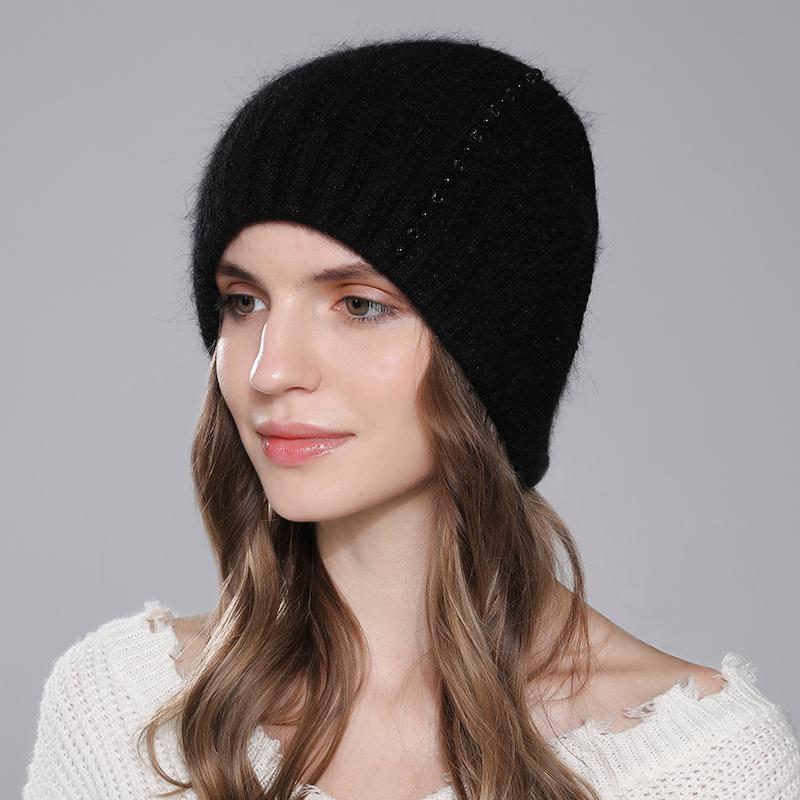 Women Angora Rabbit Fur Hat Winter Knitted Warm Beanies Fashion Luxury Designer Hats For Female With Pearl Diamond Cap