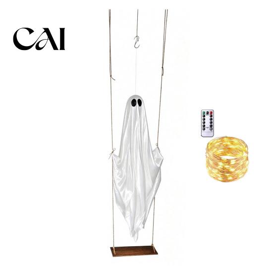 Holiday Garden Decor Hanging Swinging Ghost Halloween Decoration, LED Light Up Large Spooky Tree with Remote Control for Outside Yard Porch
