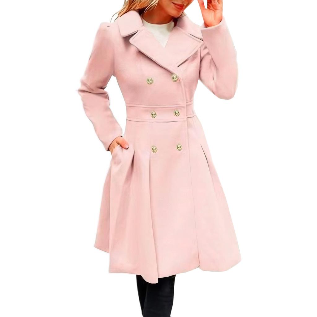 Women's Long Woolen Coat With Double Breasted Buttons