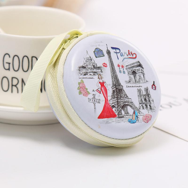 1Pc Creative Round Tinplate Coin Wallet Cartoon Storage Box Small Headphone Cable Mini Zipper Bag
