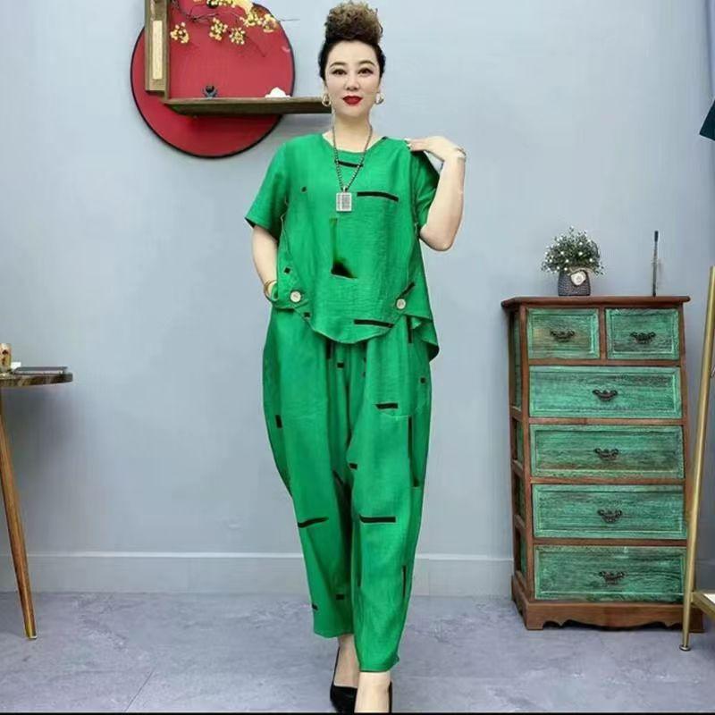 Летний женский брючный костюм, пасторальный модный свободный костюм из двух предметов с короткими рукавами, полосатый хлопко-льняной комплект с футболками и брюками