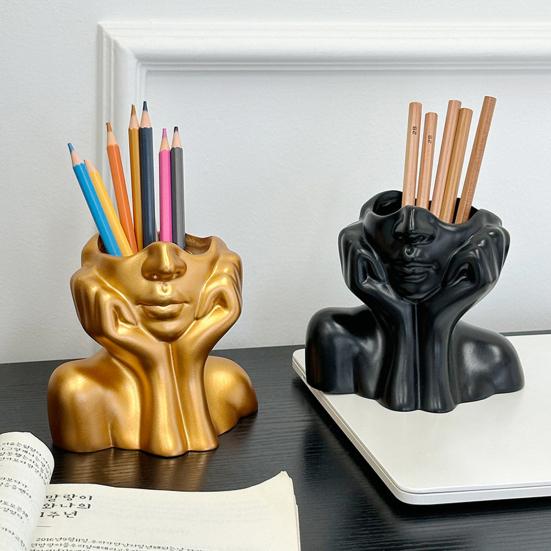 Abstract Face Design Pen Holder Creative Sculpture Large Capacity Desktop Organizer for Pens Erasers Crayons Markers Makeup Brush