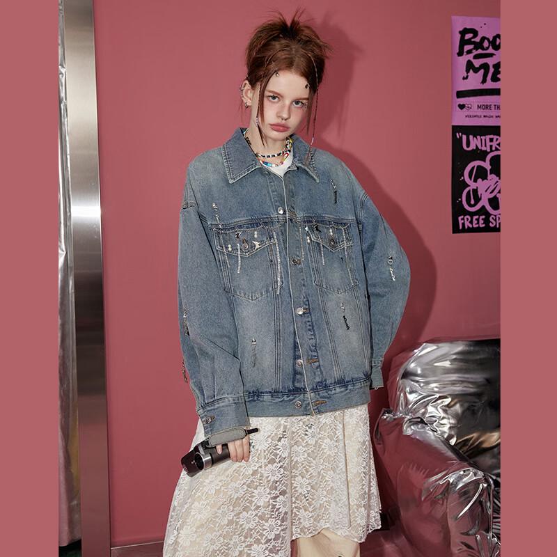 unifree Американская Ретро Джинсовая Куртка Свободного Кроя с Потертостями