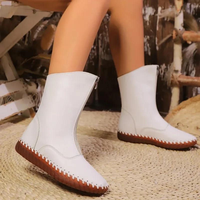 Женские зимние ботинки 2024 года, повседневные ботинки на молнии до середины голени, женская модная обувь из искусственной кожи, женские уличные короткие плюшевые теплые женские ботинки