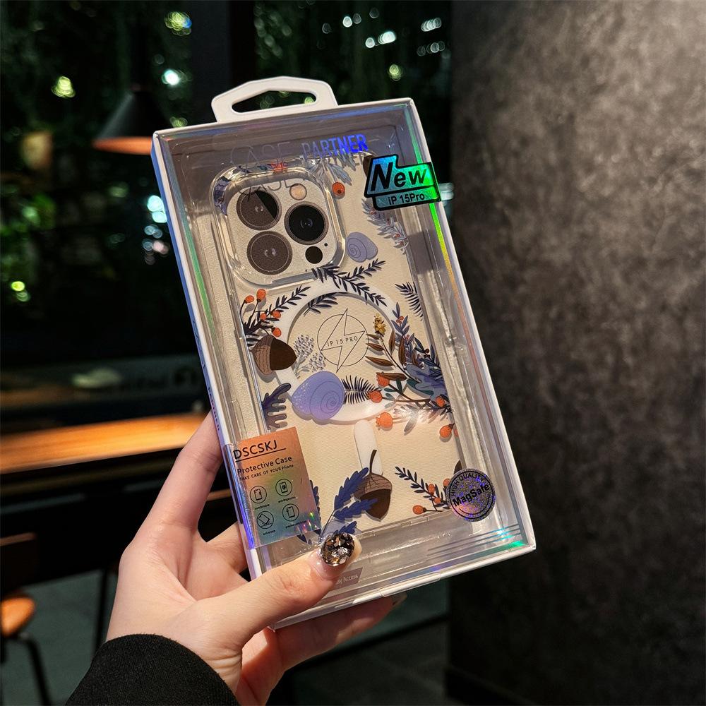 Чехол для мобильного телефона Apple 16 с упаковкой, подходит для IPhone15, двухслойный печатный магнитный чехол Magsafe Floral 11/14