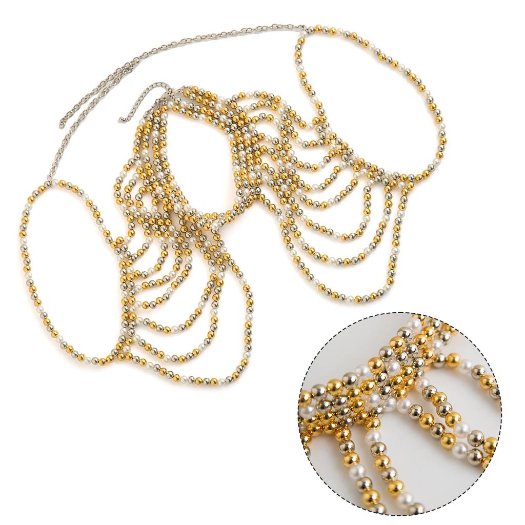 Elegant Pearls Tassels Body Chain Hand Beading Collar Necklace for Lady Pearls Chain Necklace for Party/Club