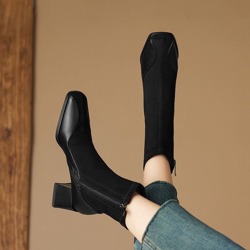 Krazing Pot Cow Skin Flock Autumn Winter Shoes Big Size Modern Boots Med Heels Patch Work Square Toe Keep Warm Size 43 Ankle Boots