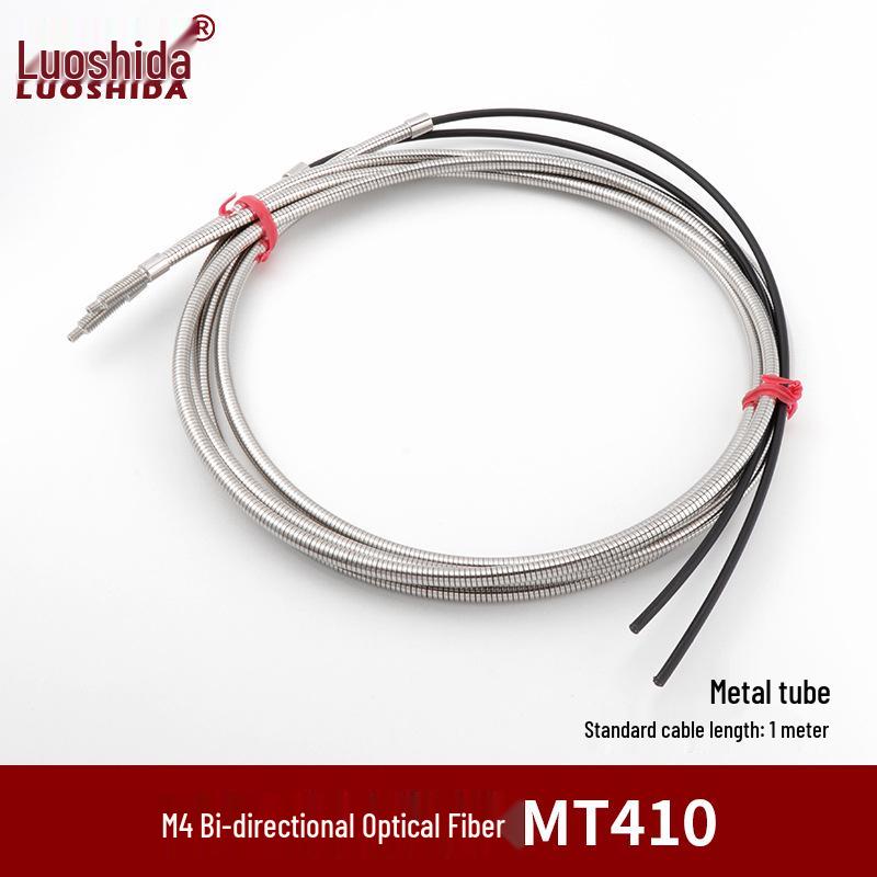 Metal Sheathed Fiber Optic Sensor Amplifier with Right Angle Elbow and Extended Reflective Through-Beam Cable