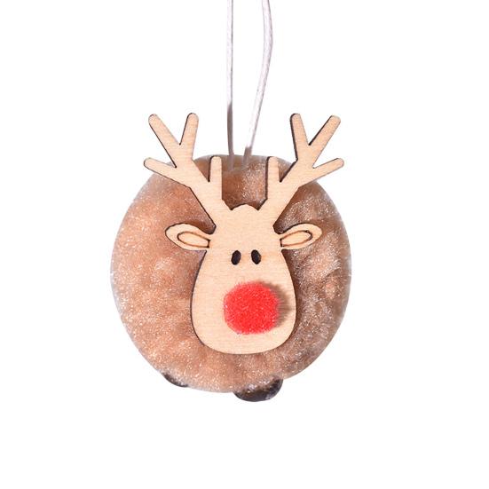 Pom Pom Reindeer Christmas Ornament Plush Elk Hanging Ornaments Wooden Deer Slices Xmas Tree Pendants for Home Party Holiday Decor