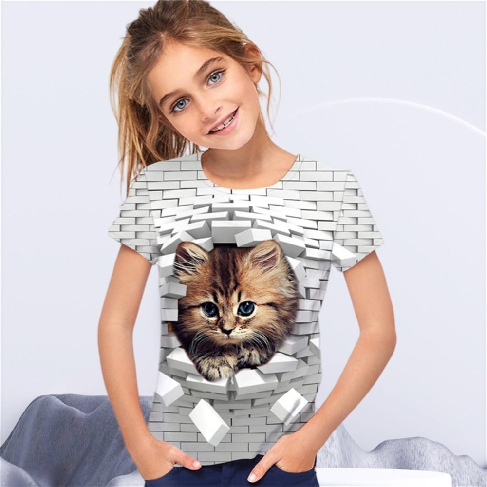 Детская одежда для мальчиков и девочек Футболка с принтом 3D Cat и короткими рукавами, топ с круглым вырезом