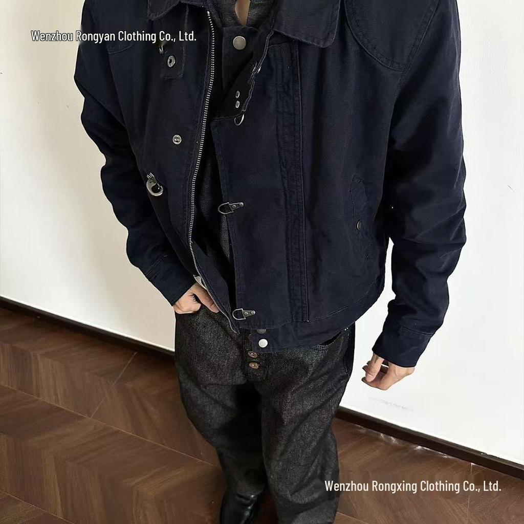 Unisex Retro Distressed Patchwork Airplane Buckle Jacket - Original Design, Loose Fit, Short Coat.