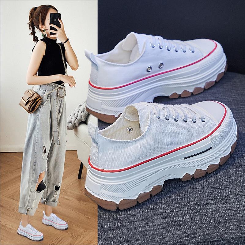 Парусиновые туфли для женщин на лето, новые дышащие студенческие туфли на толстой подошве, увеличивающие рост, для отдыха