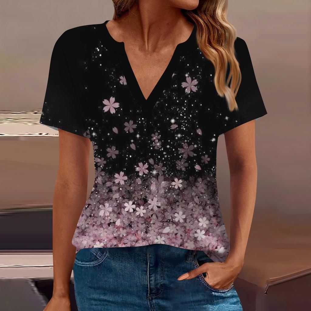 Женская футболка Футболка с принтом с коротким рукавом Повседневные выходные Мода Базовый топ с V-образным вырезом Обычный топ