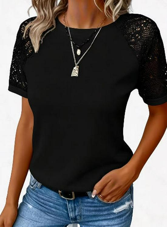 Европейская и американская 2026 года Однотонная кружевная женская повседневная футболка с длинным рукавом, с вырезами, с круглым вырезом