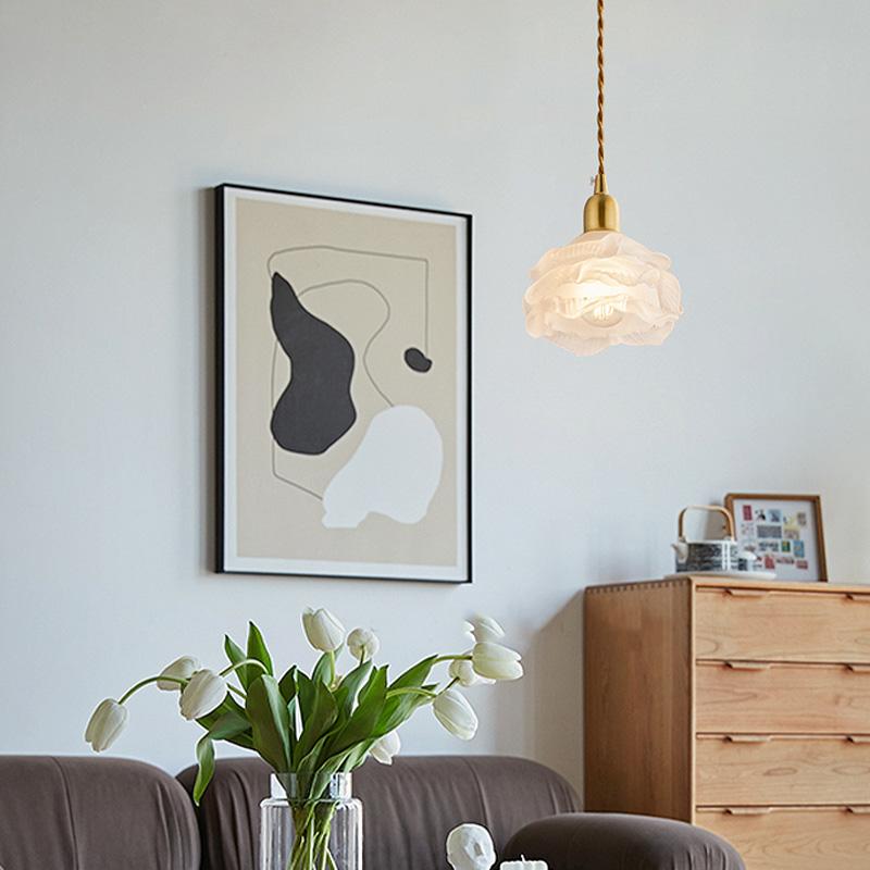 French Vintage Flower Glass Chandelier Japanese Brass Homestaylight American Simple Bedroom Bed Bar Headlight