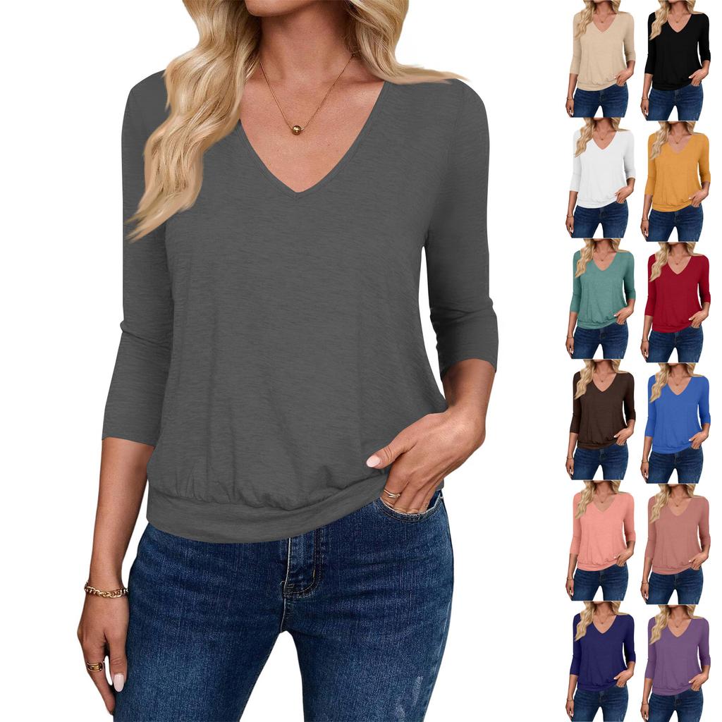 Women's Fashion Casual V-Neck Three-Quarter Sleeve Solid Color Top