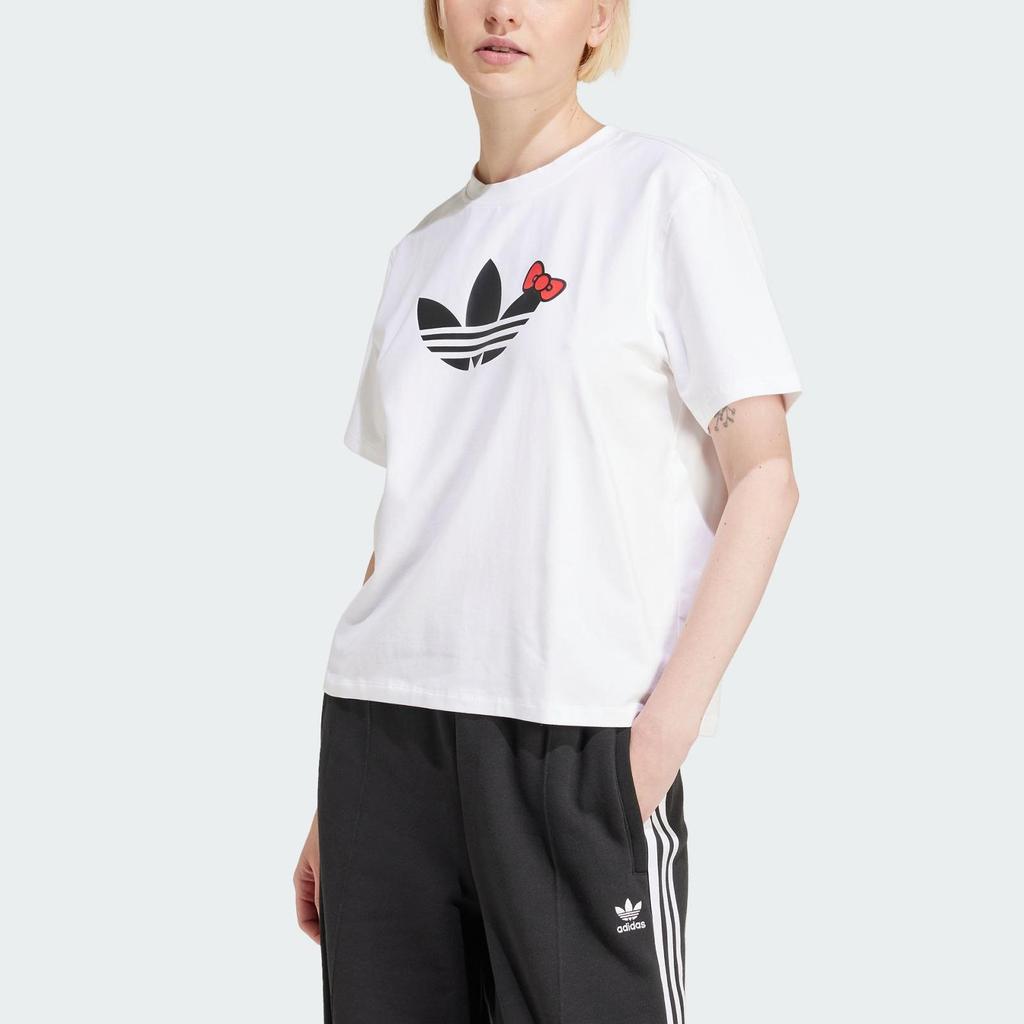 adidas Свободная футболка Hello Kitty с трилистником и принтом логотипа бренда, женские топы белого цвета IX7880