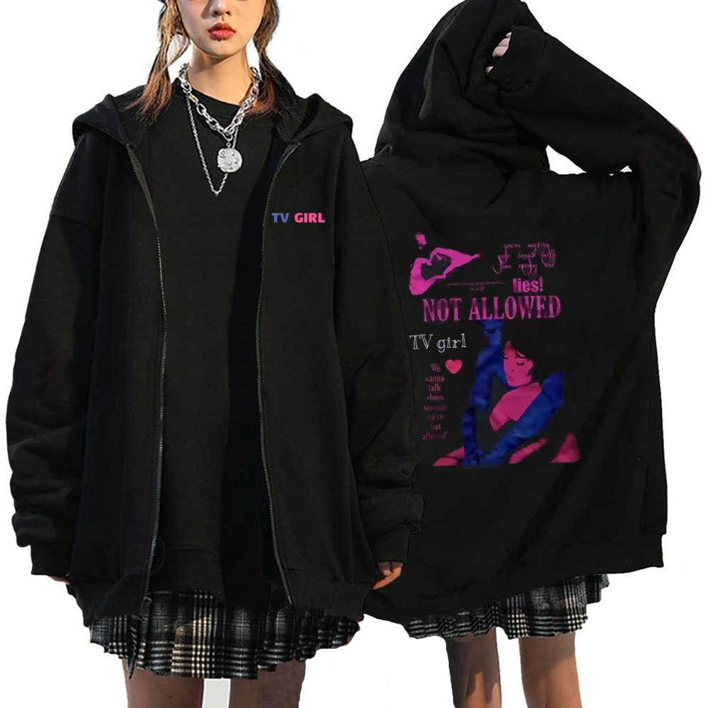 TV Girl Hoodies Who Really Cares Graphic Printed Zipper Sweatshirts Men's Women's Fashion Fleece Casual Oversized Zip Up Jackets