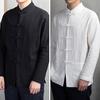 Men Autumn Chinese Style Shirt Top Mandarin Collar Long Sleeve Pockets Disc Button Traditional Kung Fu Tai Chi Shirt Tang Tops Uniform