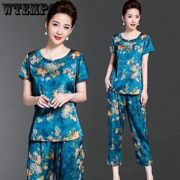 WTEMPO Женские топы с короткими рукавами и круглым вырезом и укороченные брюки с эластичной резинкой на талии и карманами, комплект из 2 предметов, женский повседневный костюм с принтом