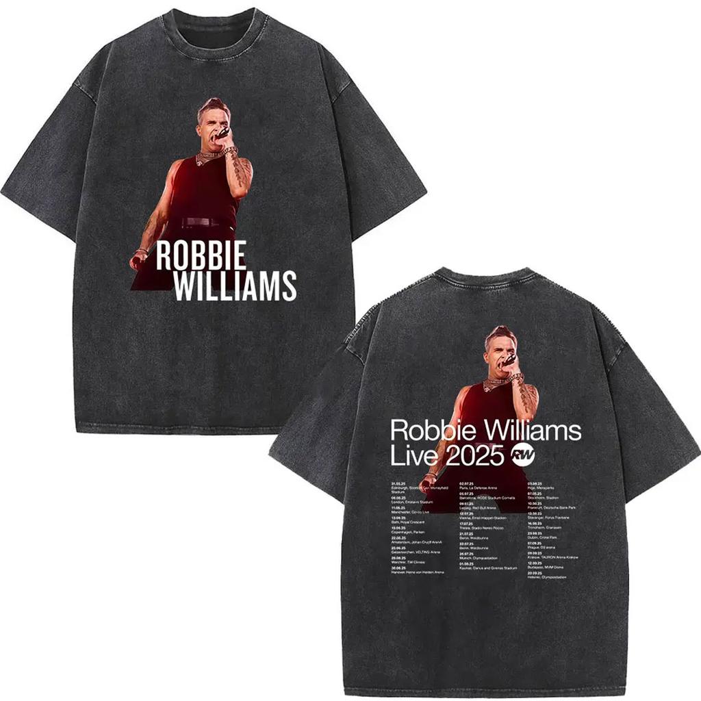 Винтажная стираная футболка Robbie Williams BRITPOP Tour 2026 Двусторонняя мужская и женская одежда Мода Высококачественные хлопковые футболки