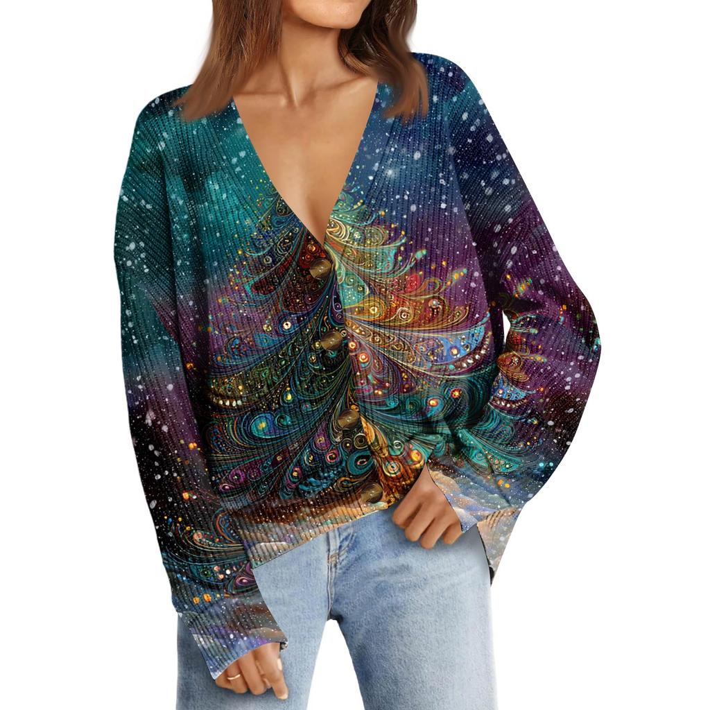 Женский модный кардиган с длинным рукавом, V-образным вырезом, на пуговицах, свободного кроя, с рождественским принтом