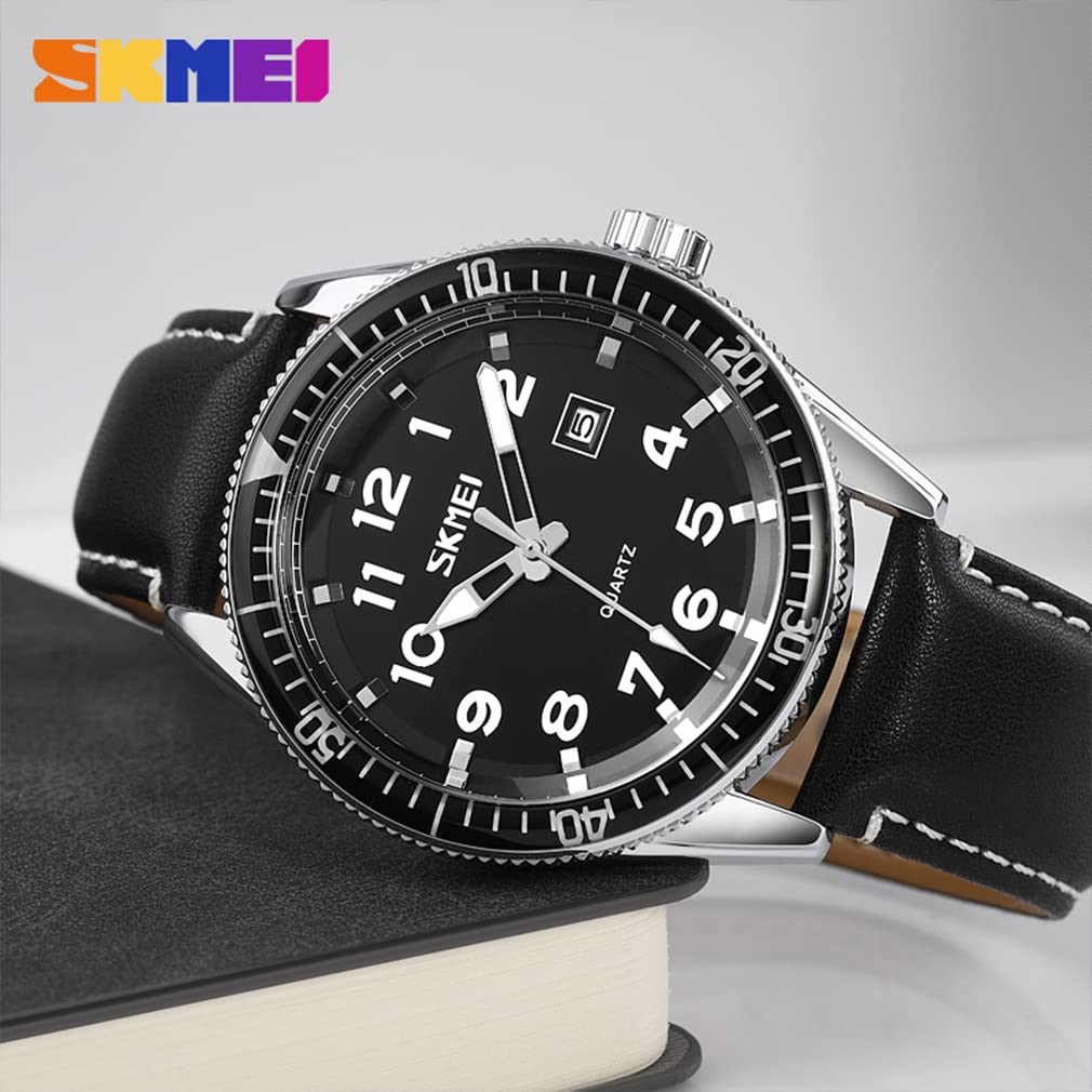 Skmei Watch Black Leather Strap Big Face Simple Hand Watch Waterproof Brand Analog Business Stylish Casual Luminous Arabic Numerals Date Watch Luxury