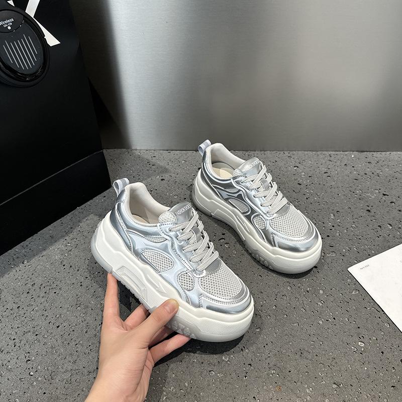 Summer Mesh White Shoes Women Breathable Mesh Chunky Fashion Lace-up Thick Bottom Height Increasing Casual Trainers Size 35-40