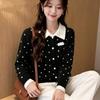 Womens Gray Polka Dot Knit Cardigan 2026 Fall Winter Versatile Slim Fit Lapel Sweater Top