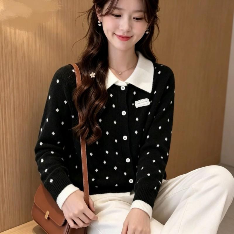 Womens Gray Polka Dot Knit Cardigan 2026 Fall Winter Versatile Slim Fit Lapel Sweater Top