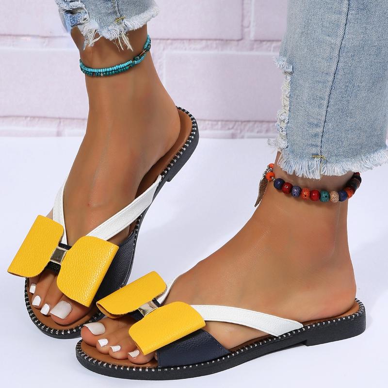 Женские летние сандалии без шнуровки, милые уличные тапочки с бантом, женская пляжная обувь, женские сандалии на плоской подошве, повседневные шлепанцы, большие размеры