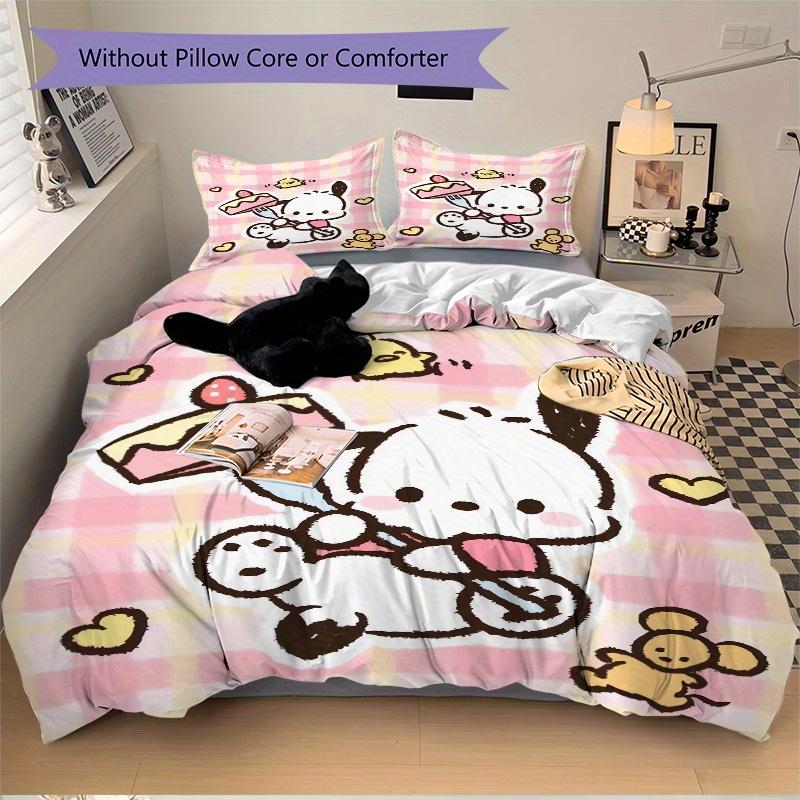 3pcs Pink Grid Cake Pochacco Printed Bedding Set, Soft and Comfortable Quilt Cover for Bedroom, Guest Room (1 Duvet Cover + 2 Pillowcases, P