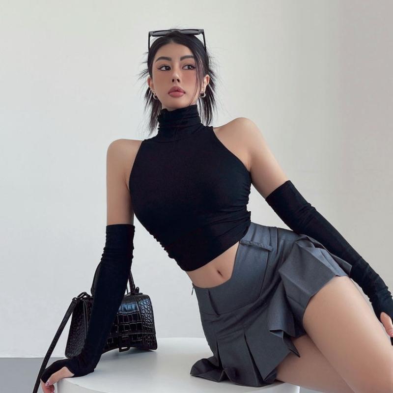 Shoulder Off Retro Summer Aesthetic Top Women Patchwork Sexy High Neck Slim Vest Female Fashion Design Casual Short Street Style Tops New